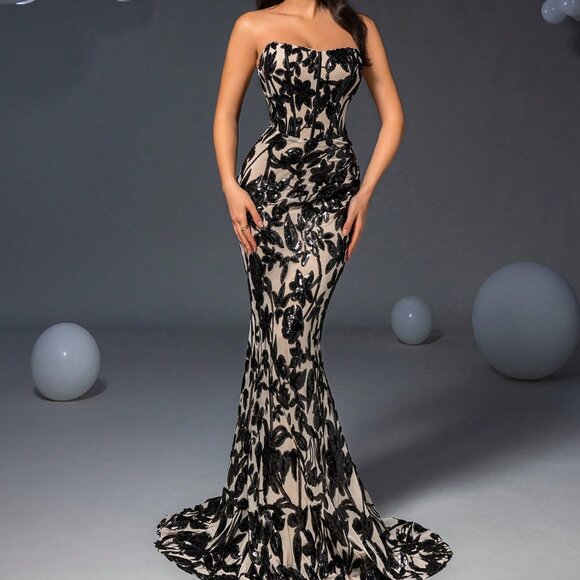Black Elegant Women's Strapless Floor Length Floral Sparkly Sequin Party Gown - Picture 3 of 7